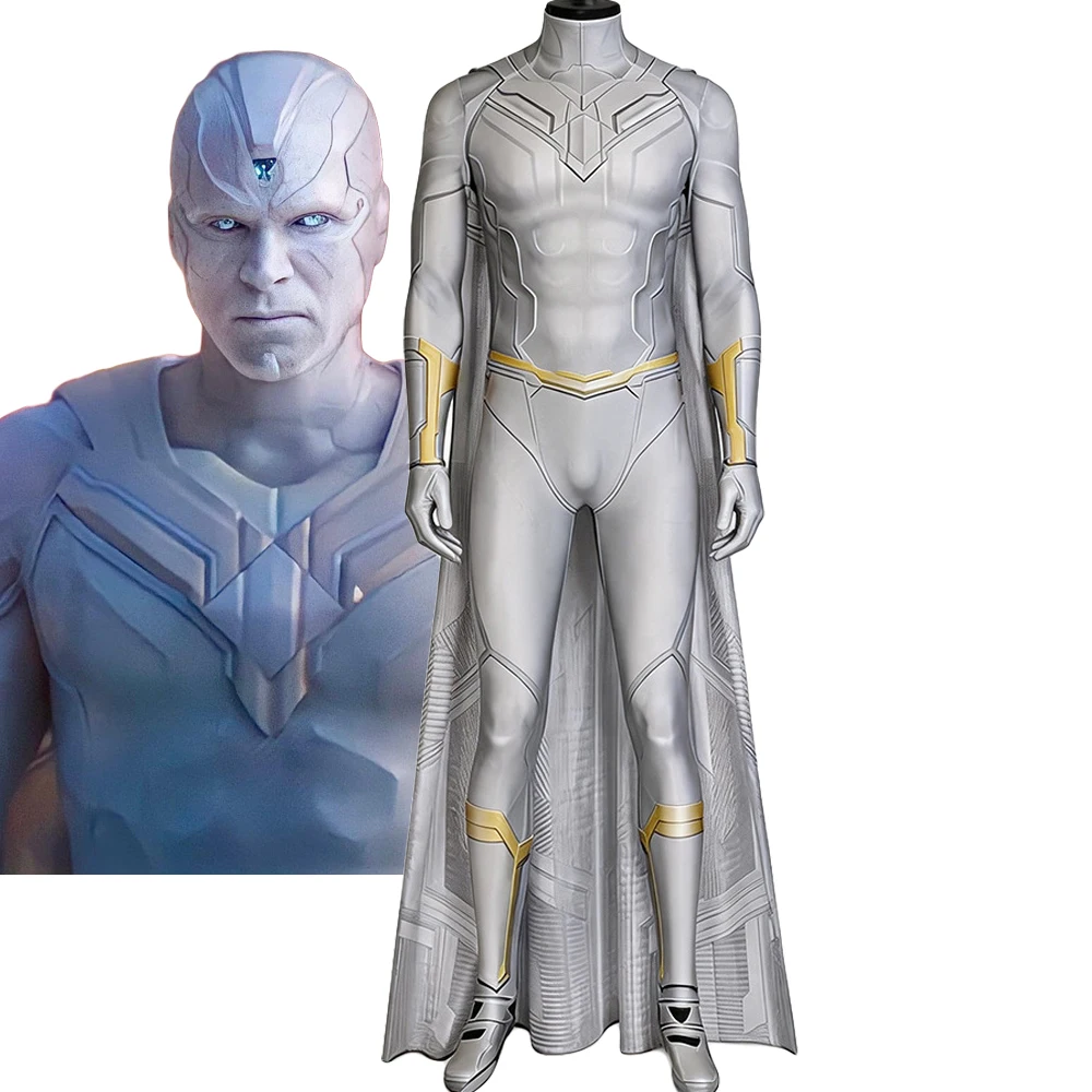 ワンダコスプレホワイトビジョンジャンプスーツとマント衣装成人男性ボディスーツロールプレイファンタジア衣装ハロウィンカーニバルスーツ