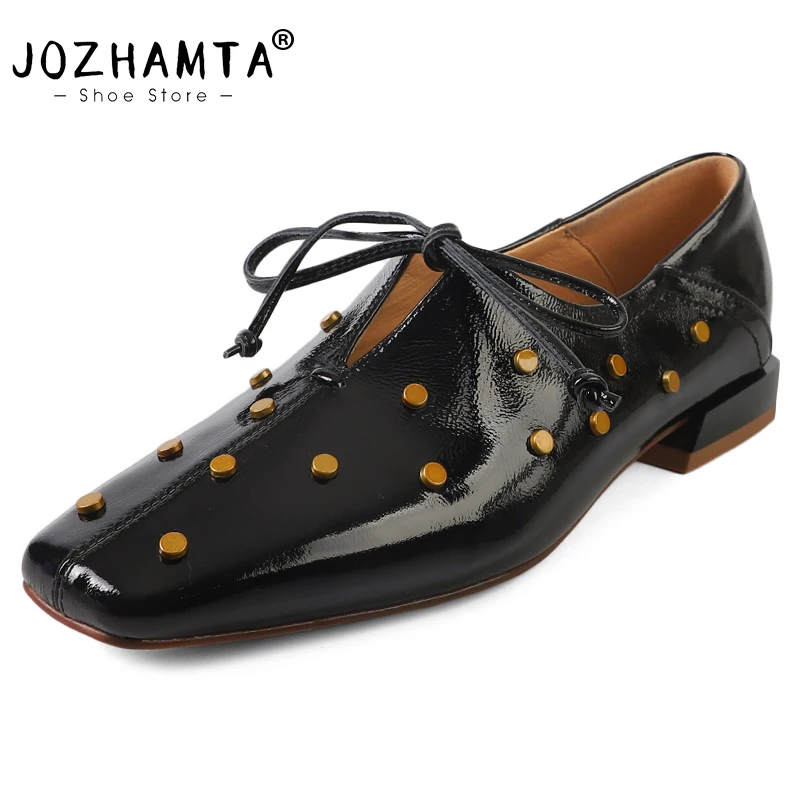 JOZHAMTA Size 34-40 Women Pumps Genuine Leather Ins 2025 Studded Rivets Lace-Up Thick Low Heels Shoes Office Lady Daily Dress