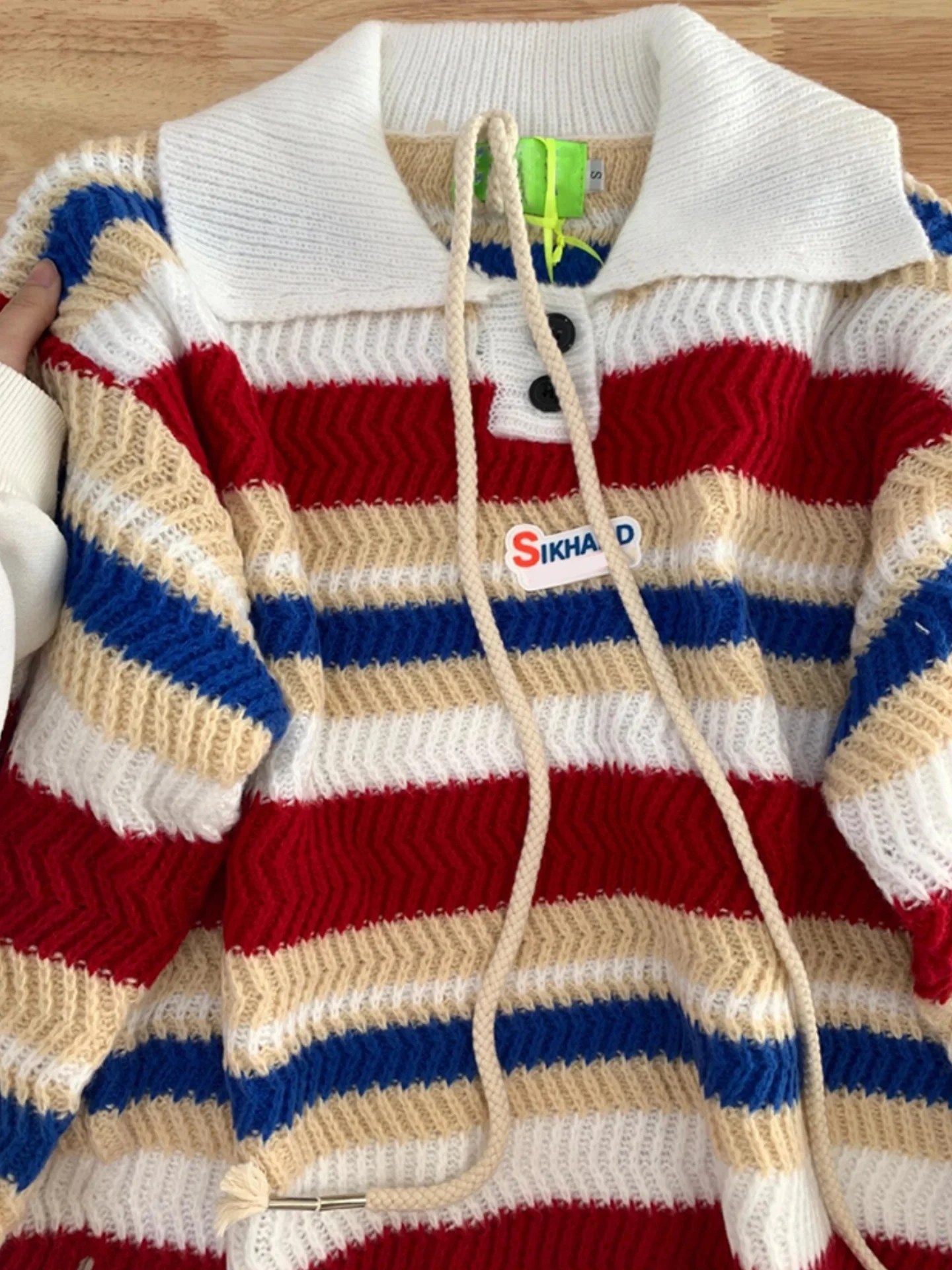 

Свитер с воротником в радужную полоску для мужчин и женщин, повседневный, с отстегивающимся шнурком, вязаный, Cleanfit Tead Shirt