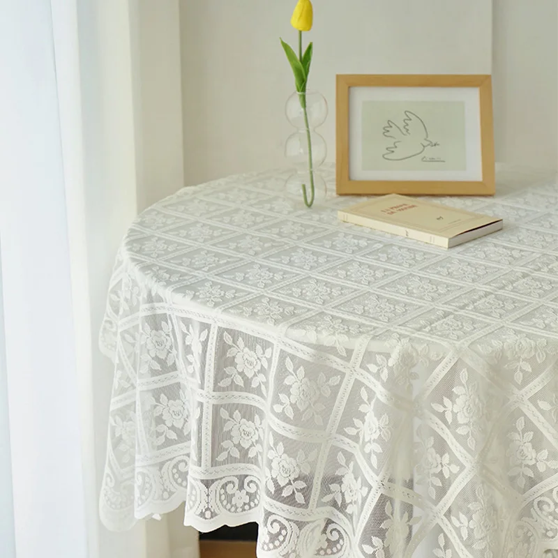 White Lace Ice Silk Hollowed Out Tablecloth Retro Dining Table Cloth Wedding Party Dining Deco Garden Tablecloth