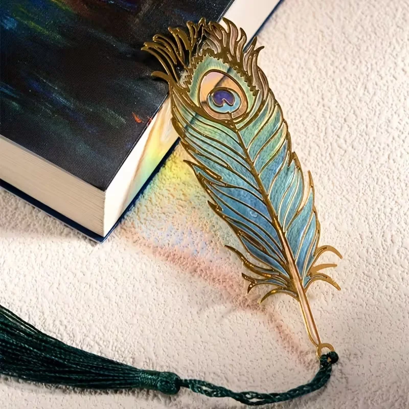 Chinese Style Metal Bookmark with Translucent Peacock Feather & Tassel - Vibrant Colors, Ideal Gift for Teachers/Students image 3