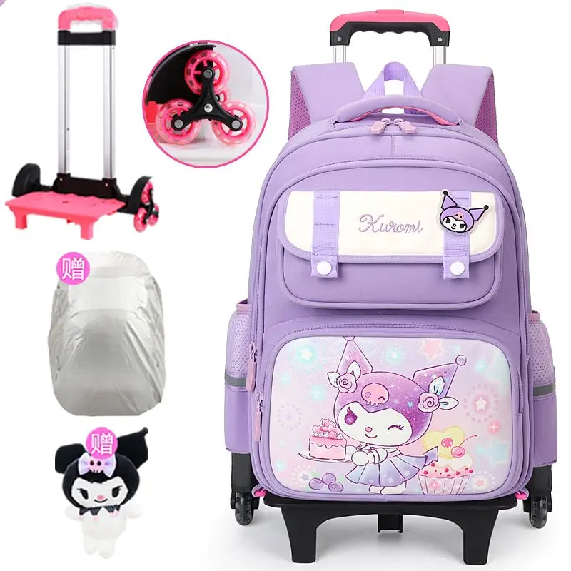 Sanrios-mochila escolar con ruedas para niños, figura de Anime Kuromi Kawaii, dibujos animados de gran capacidad, resistente al agua, súper ligera y transpirable