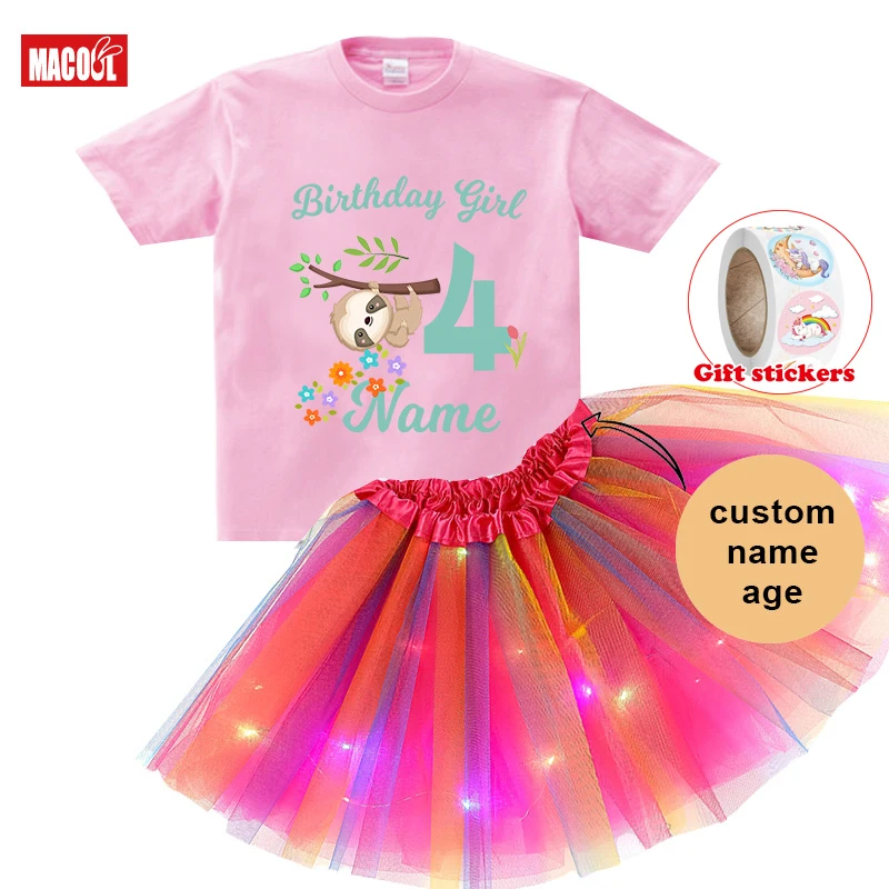 

Girls Birthday Dress Set Cartoon Sloth Birthday Party Shirts Girl Kids Dress Set Party Light Christmas Dress T-shirt Child Suit