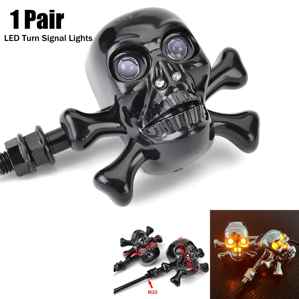 Chrome/Black Skull Motorcycle LED Turn Signal Lights Indicators For Most Motorcycle Cruiser Chopper Cafe Racer Atv Scooter