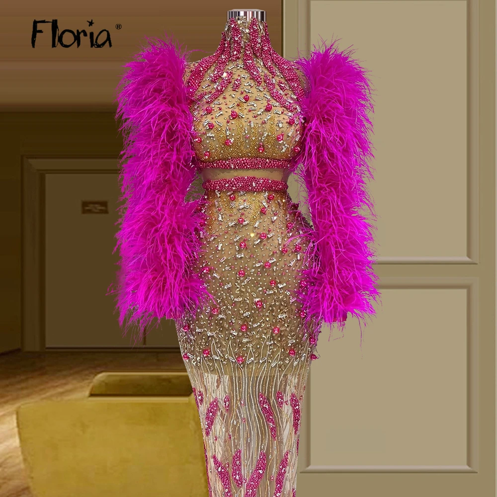 Fuchsia Feather Celebrity Dresses Dubai Luxury Sheath Dress Heavy Handmade Beading Prom Gowns Evening Night Dresses Customized