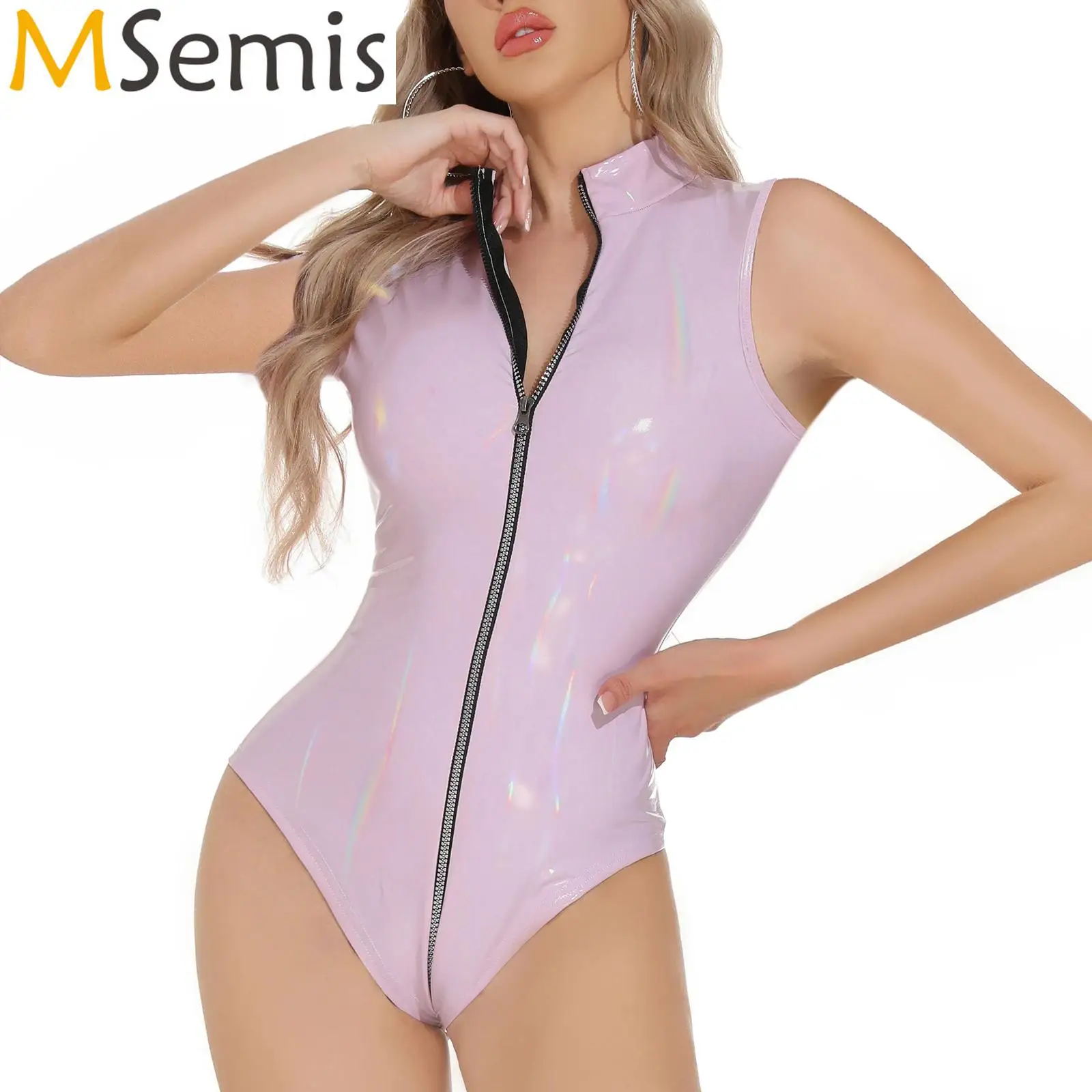 Womens PU Leather Lingerie Zipper Crotch Bodysuit One Piece Front Zipper Leotard Jumpsuit Metallic Wet Look Underwear Club Wear