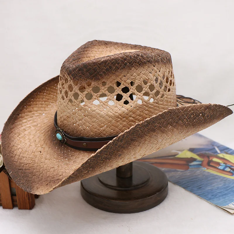 Hand-woven Raffia Spray Paint Gem Belt Decoration Men And Women Western Cowboy Hat