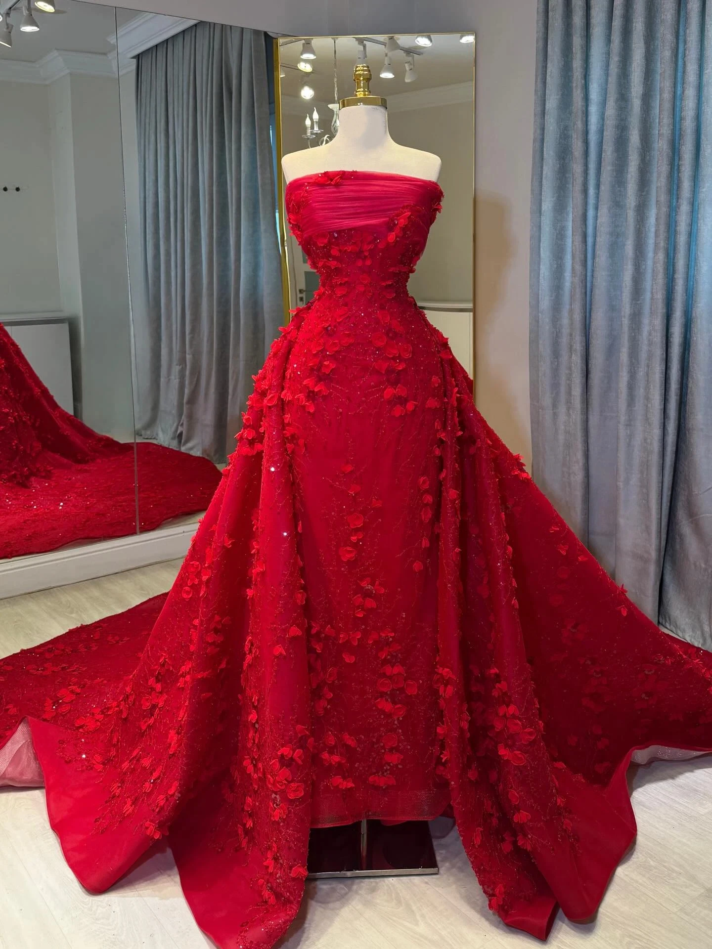 

Elegant Mermaid 3D Lace Flower Women's Formal Evening Gowns Strapless Off Shoulder Detachable Formal Prom Dresses Customized