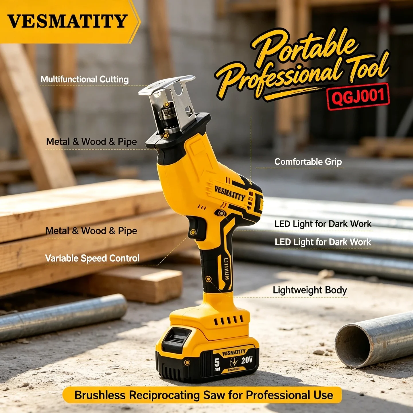 Vesmatity Brushless Reciprocating Saw 3000RPM – Multifunctional Sabre Saw for Metal Wood Pipe Cutting, for DeWALT 20V Battery