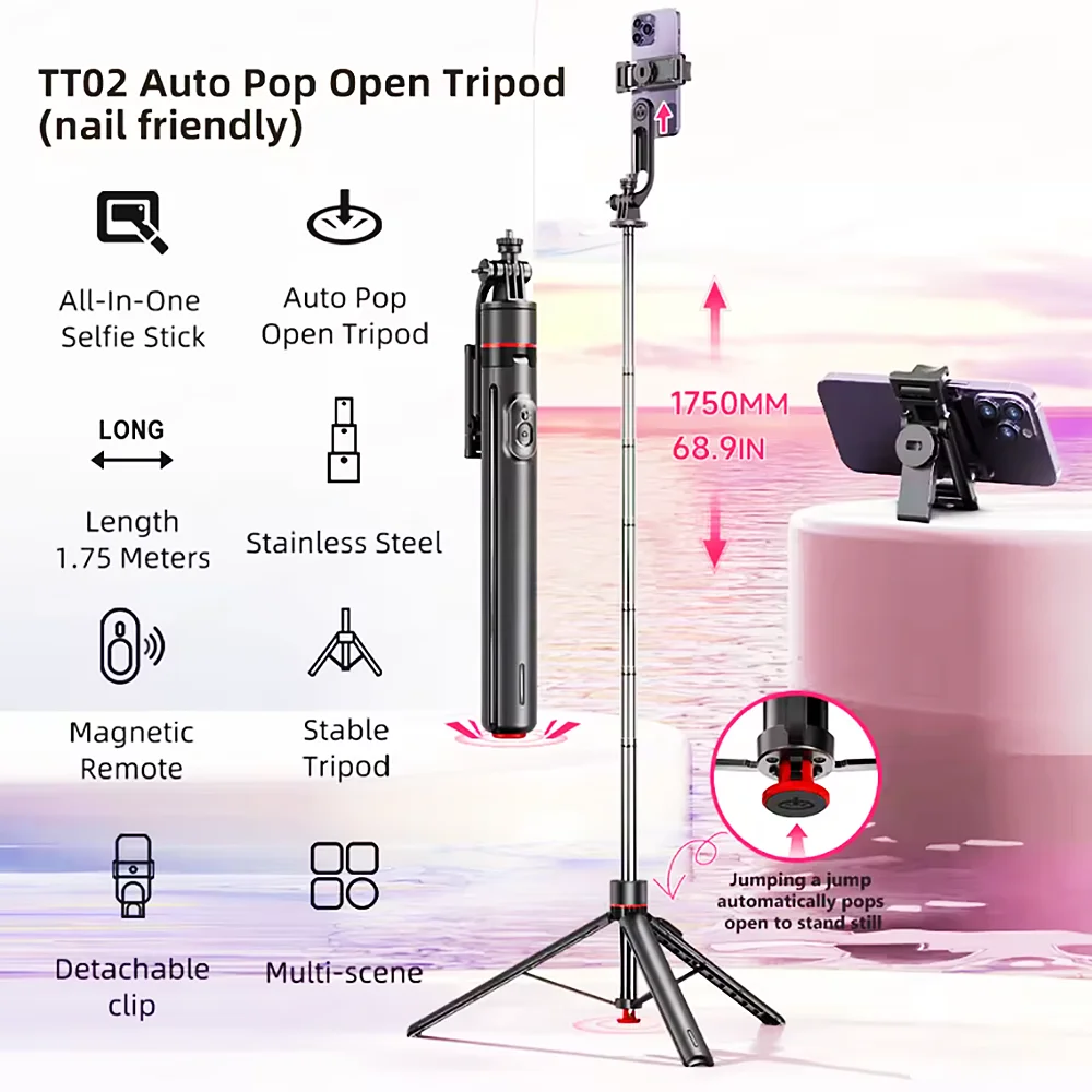 FANGTUOSI Auto Pop Open Tripod Selfie Stick Tripods مع جهاز تحكم عن بعد لاسلكي يعمل بالبلوتوث، ضوء ملء اختياري لتصوير الهاتف المحمول
