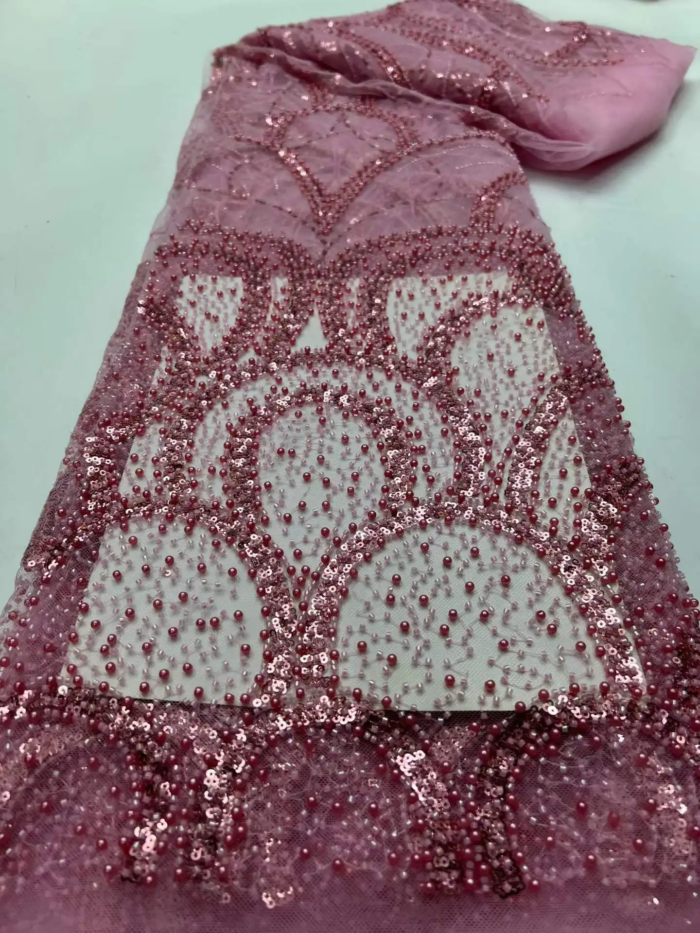 

African Lace Fabric with Luxury French Sequins High-End Handmade Beaded Mesh Wedding Fabric for Special Occasions 2026