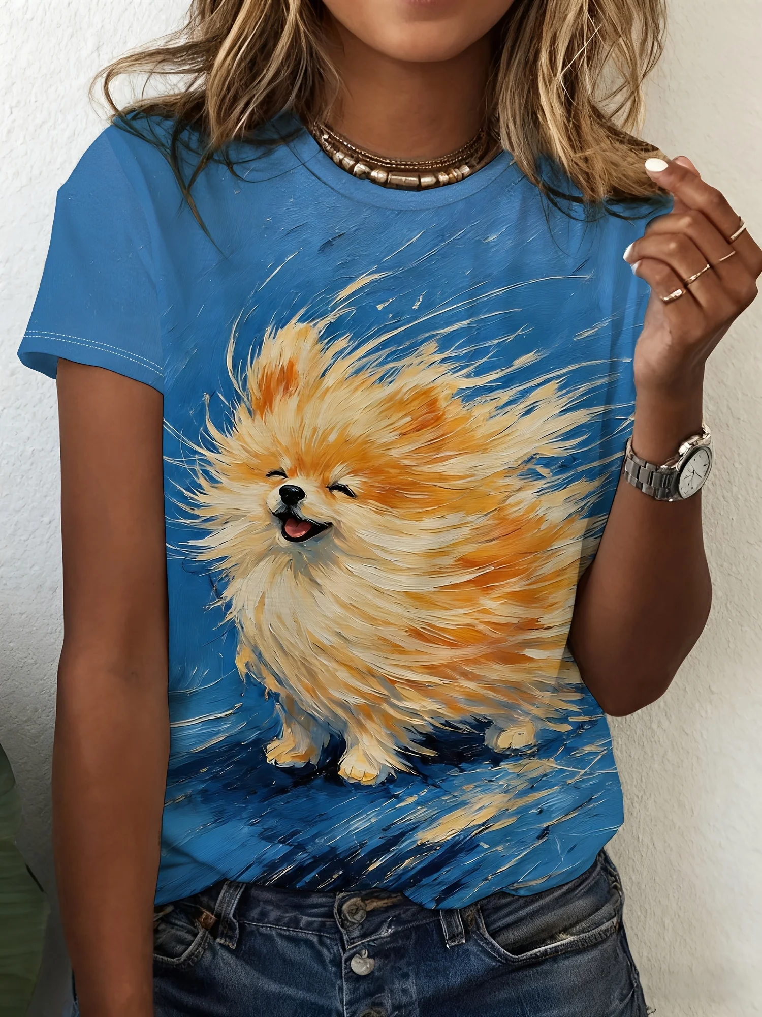 Women Crew Neck Short Sleeve T‑Shirt, Van Gogh Style Wind‑Blown Pomeranian Dog Art Graphic Tee