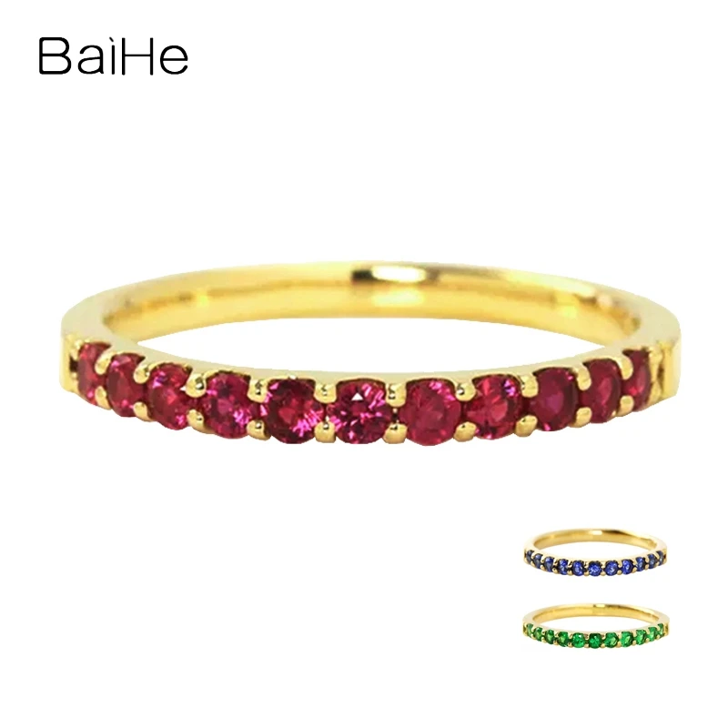 

BAIHE Genuine Solid 14K Yellow Gold 0.40ct Natural Emerald/Ruby/Sapphire Kольцo Trendy Fine Jewelry Wedding Band Ring Women Gift