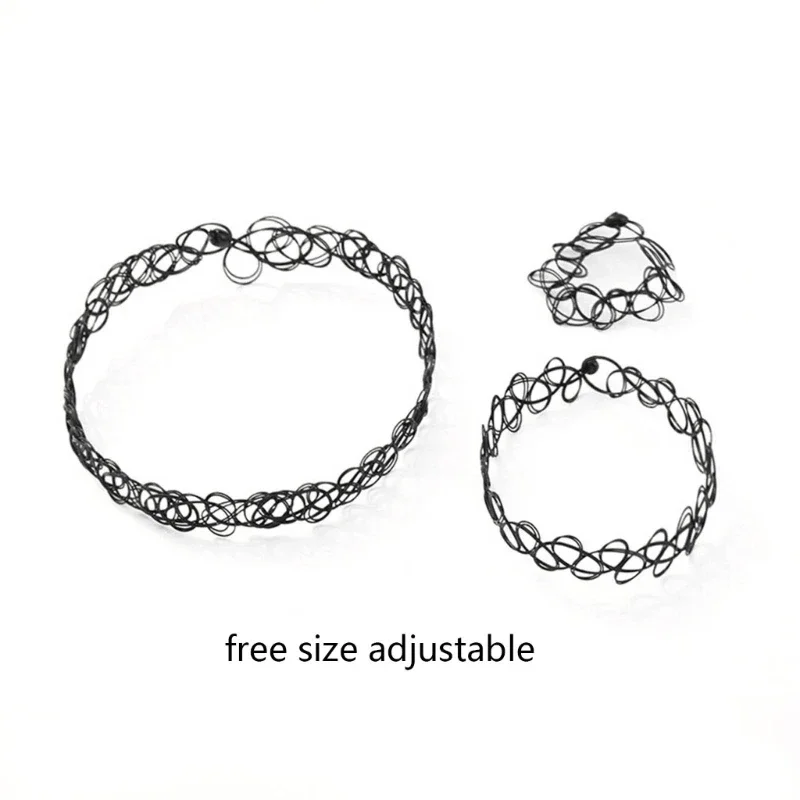 European and American Fashion Black Fishing Line Letter Tattoos Elastic Necklace Bracelet Ring Three-Piece Set for Women