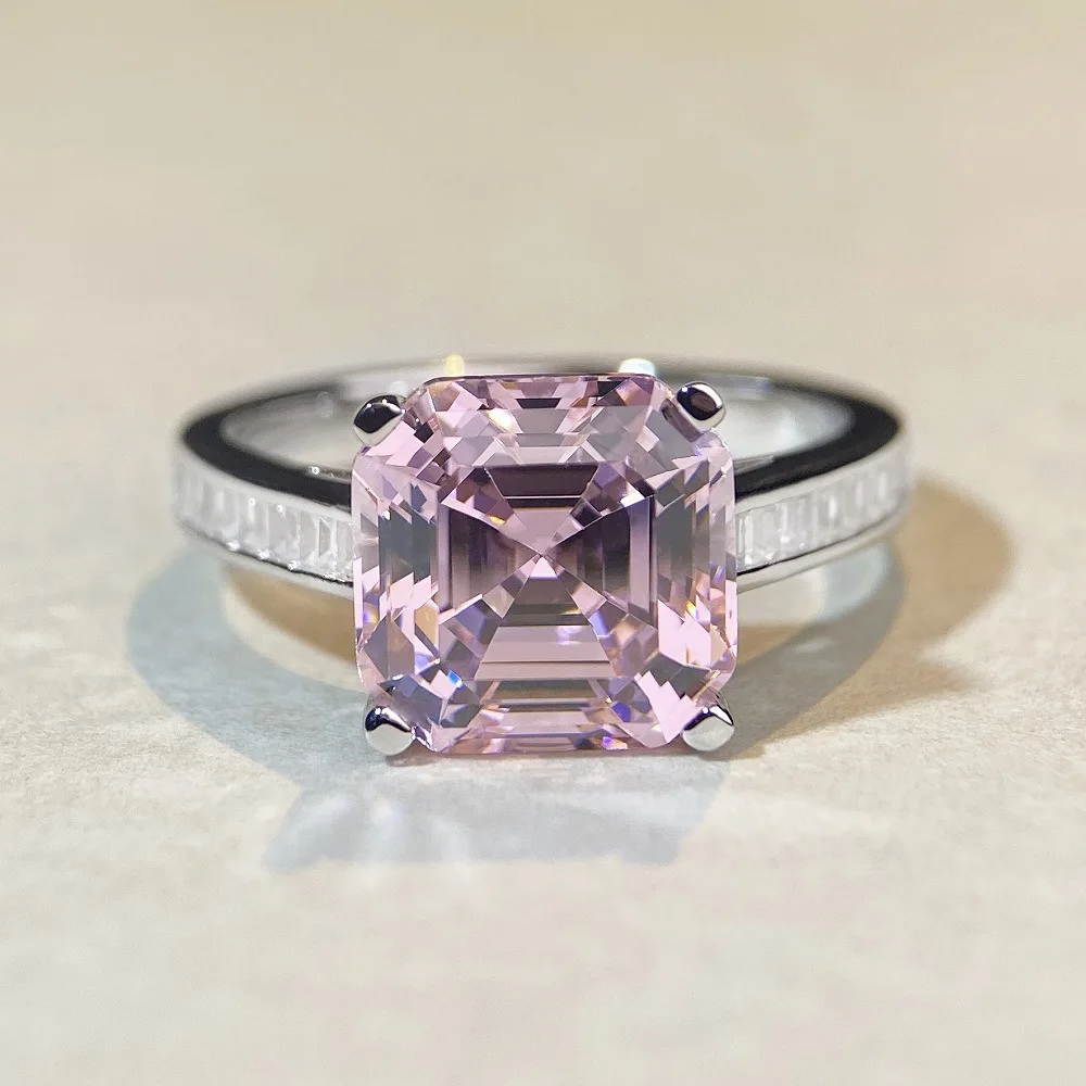 

S925 sterling silver pink diamond ring square zircon colored stone women's luxury jewellery for daily commuting, dinner parties