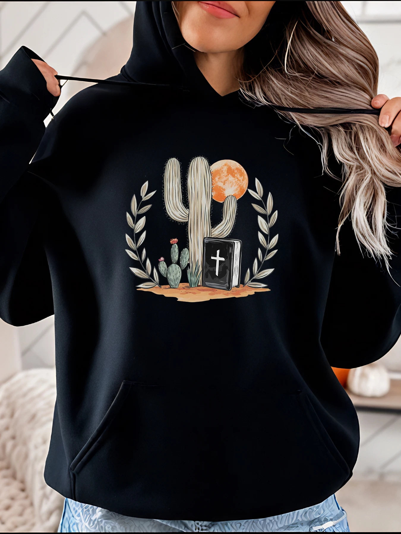Cactus and Bible Print Hoodie Casual Boho Style with Moon and Laurel Design for Women Everyday Wear
