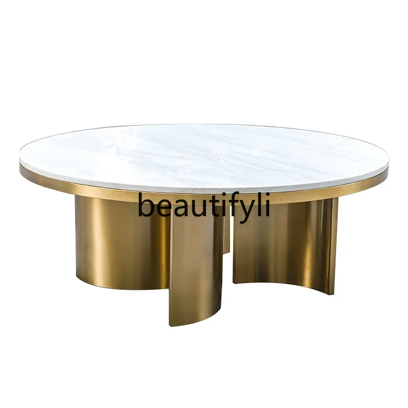 Light luxury stainless steel brushed gold round table marble model room custom personalized coffee table