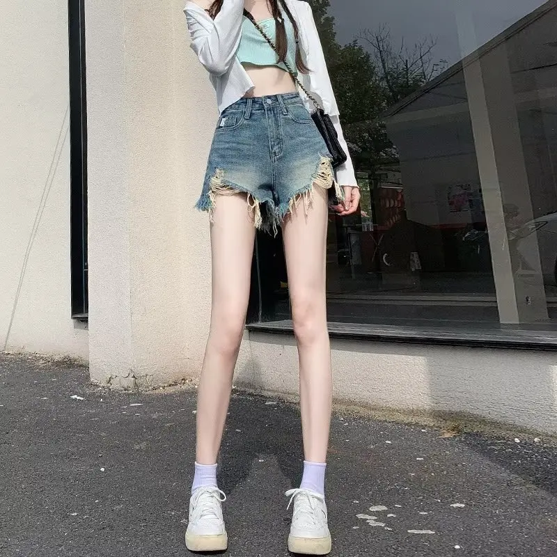 

Perforated Jeans Shorts Women's Summer High Waisted Straight Tube Loose Fitting, Wide Leg Spicy Girl Versatile Shorts, Women