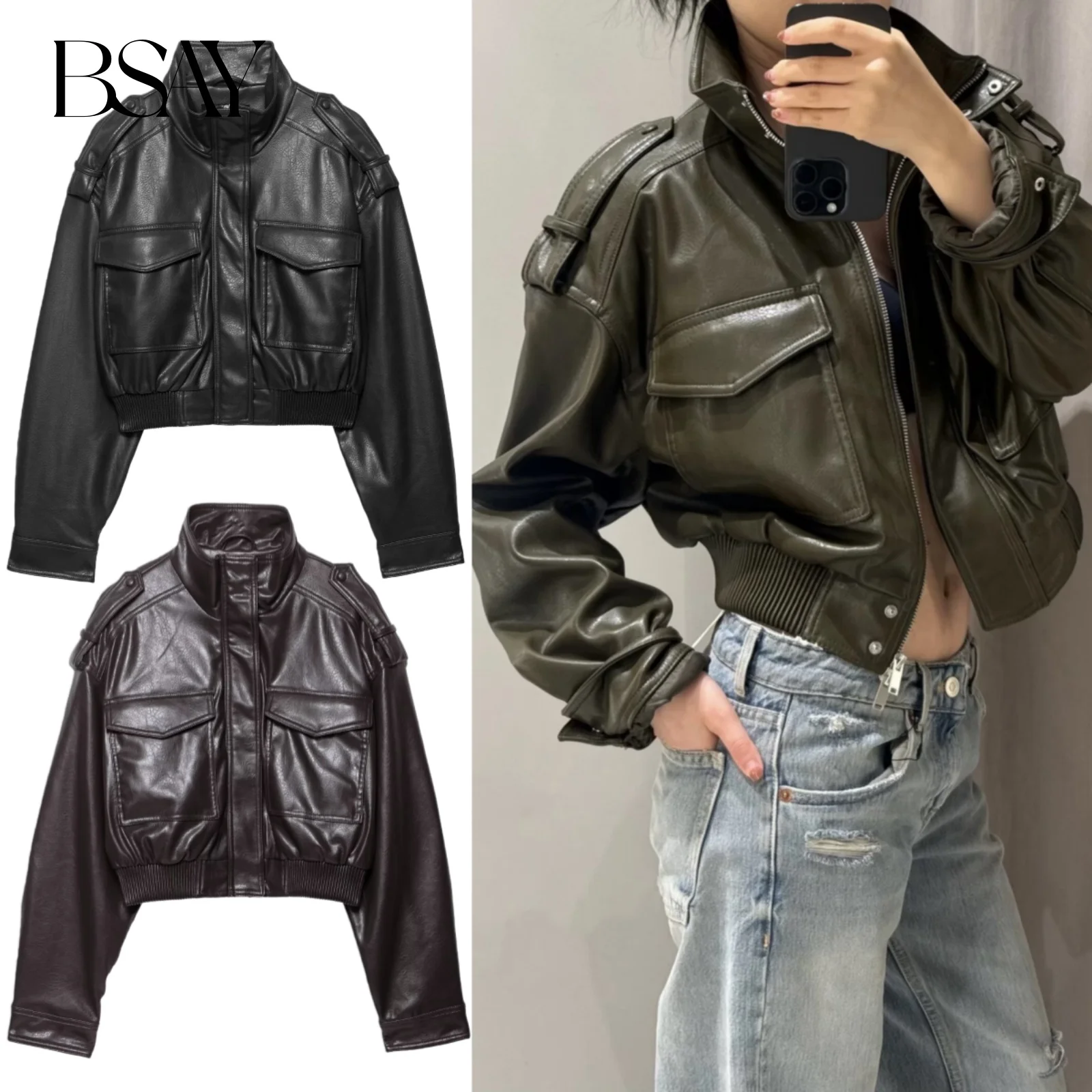 

BSAY Retro Zipper Short Leather Jacket Casual Collar Button Pocket Long Sleeve Jacket 2025 Autumn New Women's Street Wear