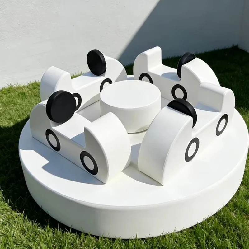 Cute Car Theme White Indoor/Outdoor Playground Equipment Children's Sensory Revolving Rides Soft Carousel