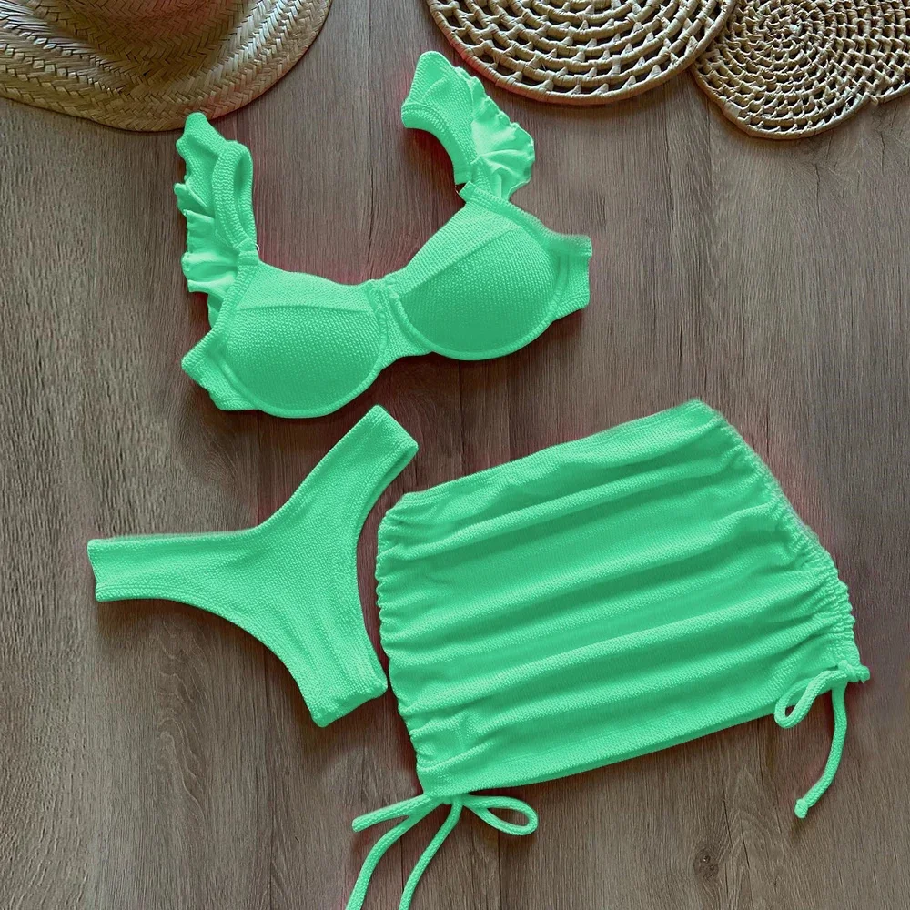 Costume da bagno bikini a vita bassa in tessuto ondulato solido Copri costume da bagno per donna Costume da bagno push up con volant in tre pezzi 2025 Costumi da bagno da spiaggia