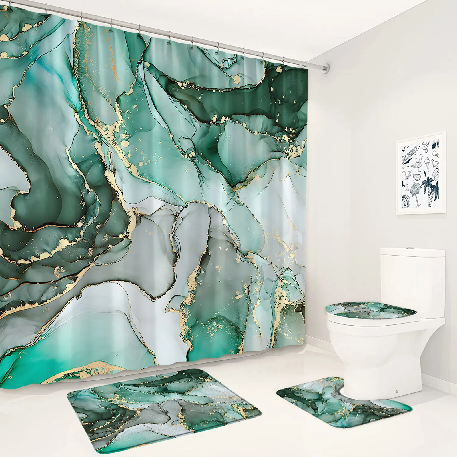 Emerald Green Marble Shower Curtain Set Luxury Gold Crack Black Texture Print Bathroom Decor Non-Slip Rugs Toilet Cover Bath Mat