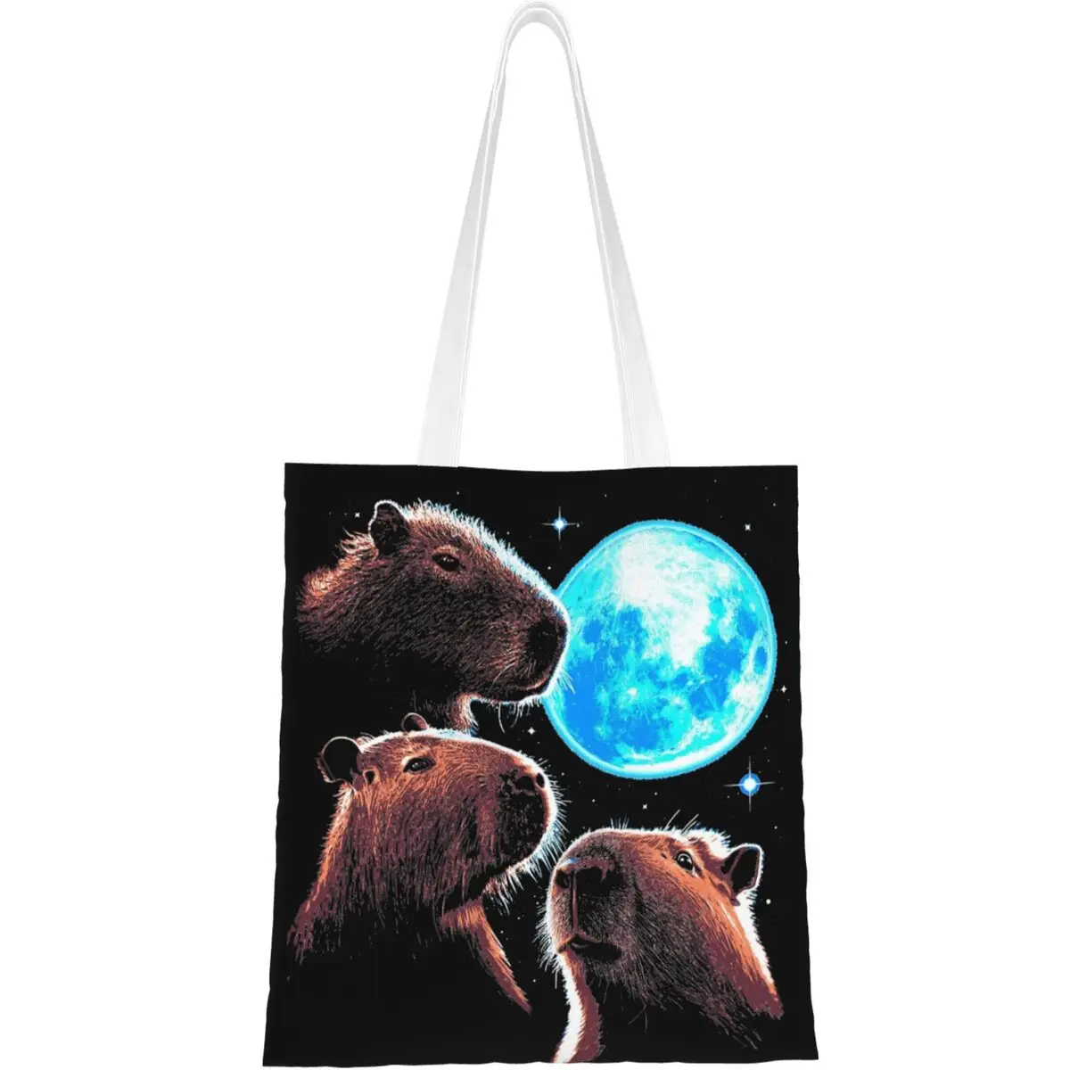 Funny Capybara Meme Canvas Tote Handbag Three Capybaras Moon Grocery Bags Shopper Bags for Women