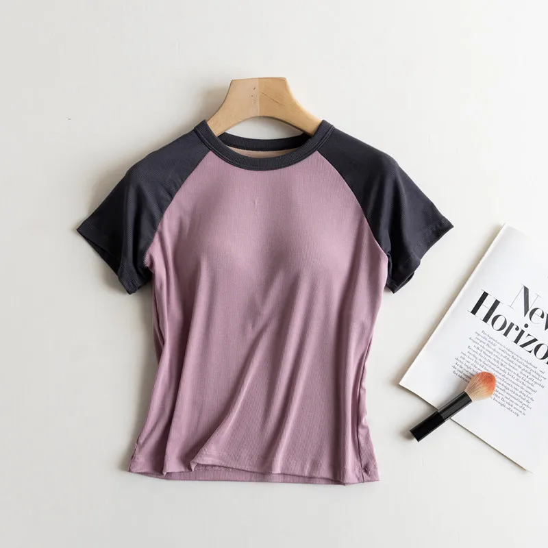 Casual Chest Pad Sleepwear T-shirt For Women Short Sleeve Patchwork Color One Piece Pajamas Top Ladies Nightwear Sleep Shirt