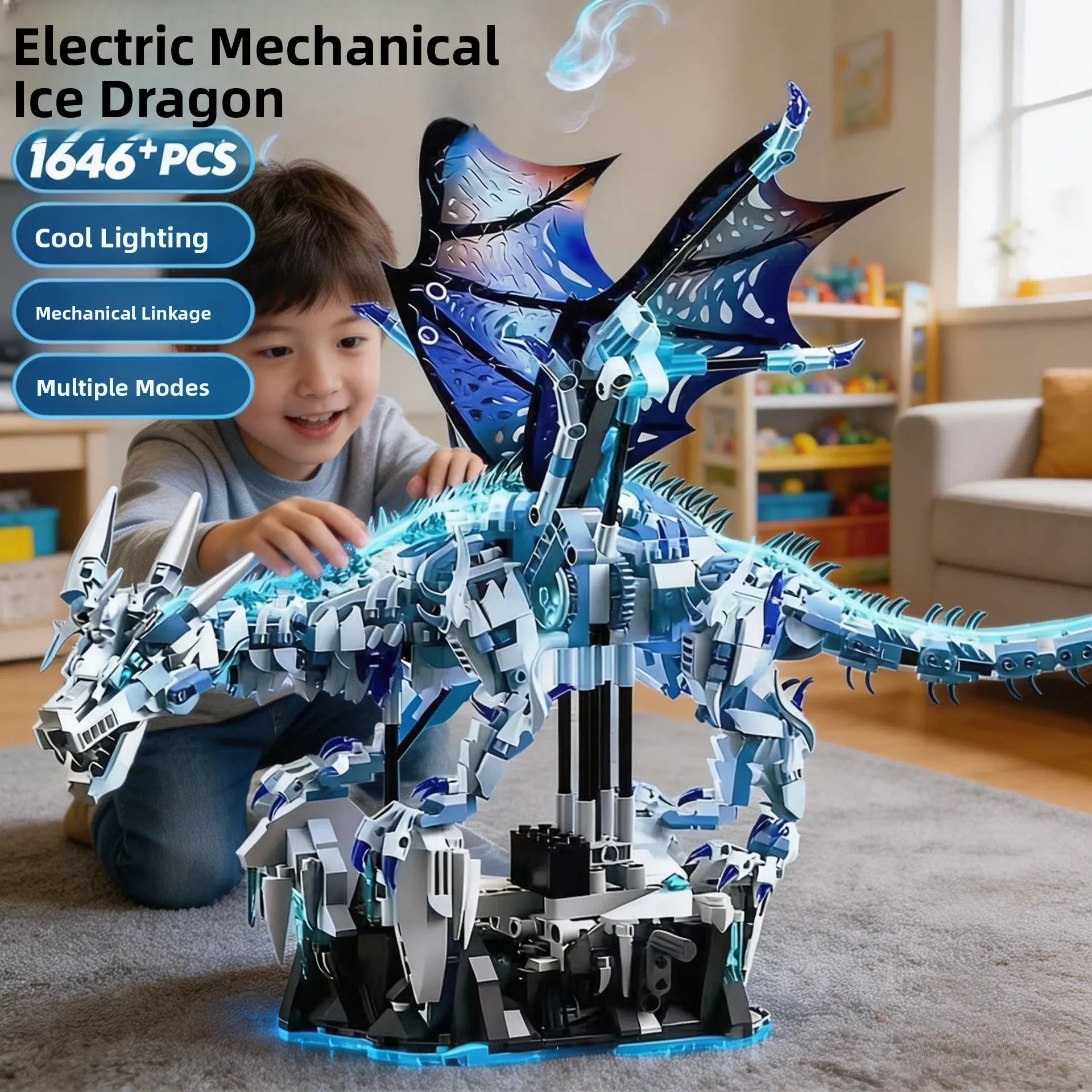 電動機械化アイスドラゴン恐竜ビルディングブロック組み立て教育玩具ギフト-8-2歳の男の子向け先史時代モデル