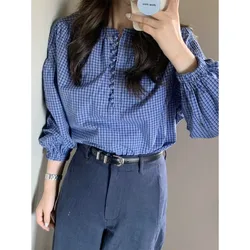 Women Clothing Spring Summer Korean Simplicity Button Plaid Solid Color Pullover Ladies All-match Appear Thin Long Sleeve Shirt