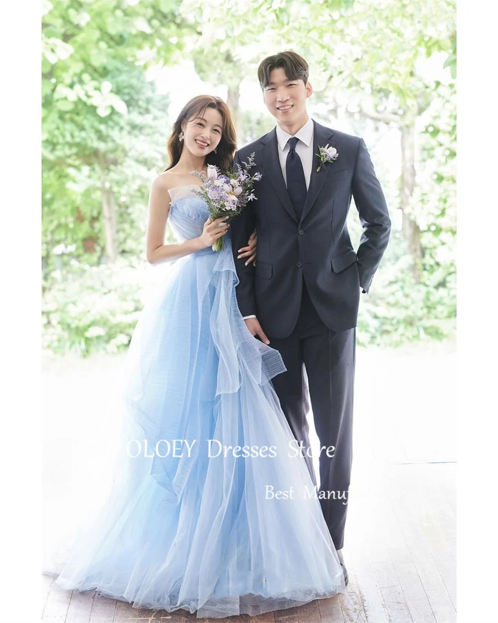 OLOEY Fairy Blue Korea Wedding Dress Women Photo Shoot Floor Length Bridal Gown Sleeveless Lace Up Back Pleats Tulle Custom Made