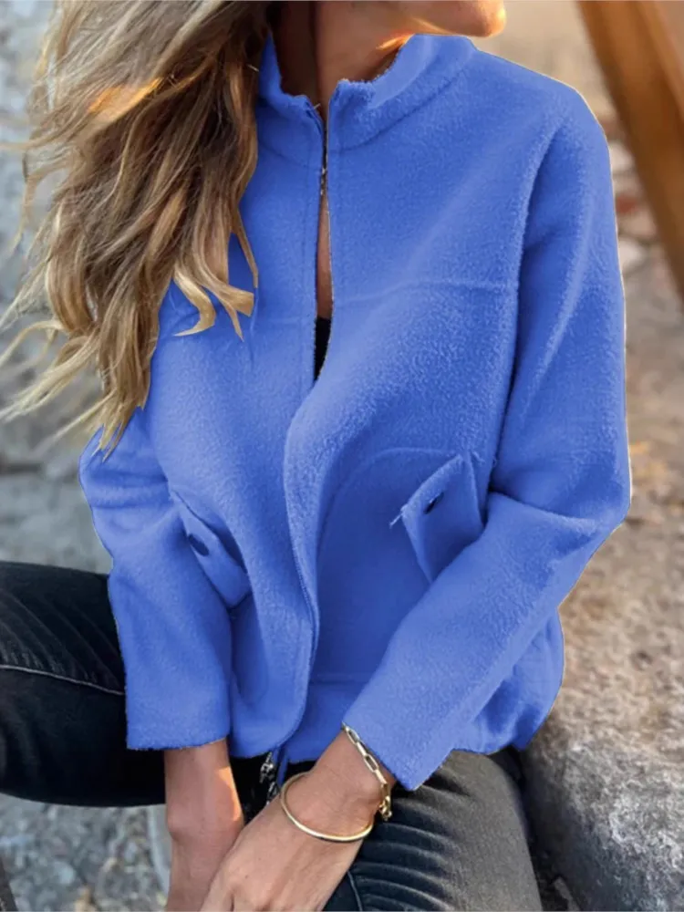 Women's Casual Zipper Cardigan Tweed Jacket  2025 New Fashion Stand Collar Pocket Loose Female Coat Street Women's Clothing