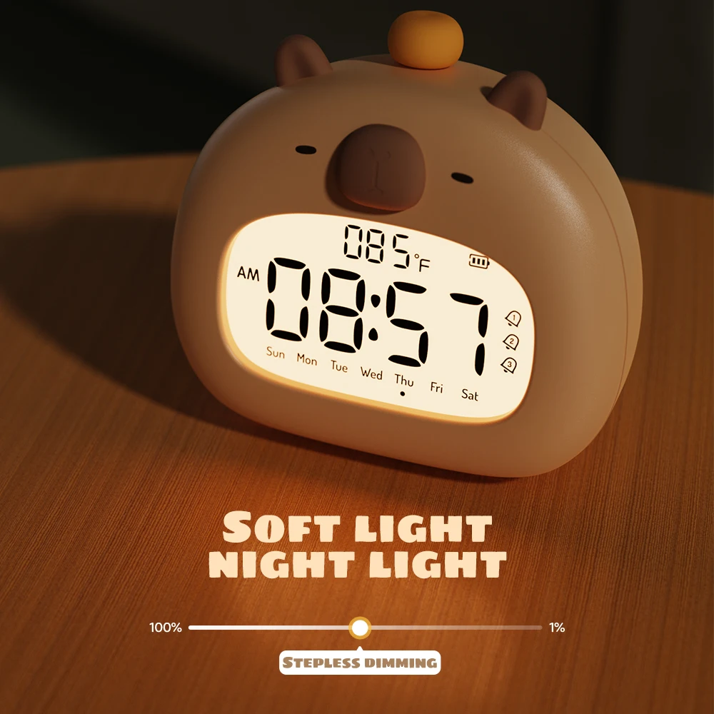 Bedside LED Clock Kids Alarm Clock Children's Sleep Trainier Temperature Display with Rechargeable Control Digital Cute Capybara