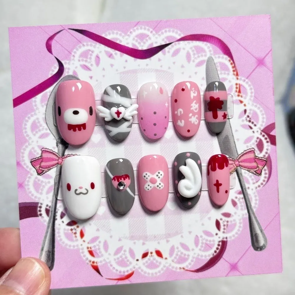 Y2K Japanese Kawaii 3D Pig Rabbit Cat Handmade Press On Nails Wings Wave Point Pearl Bowknot Wearable Fake Nails Gifts