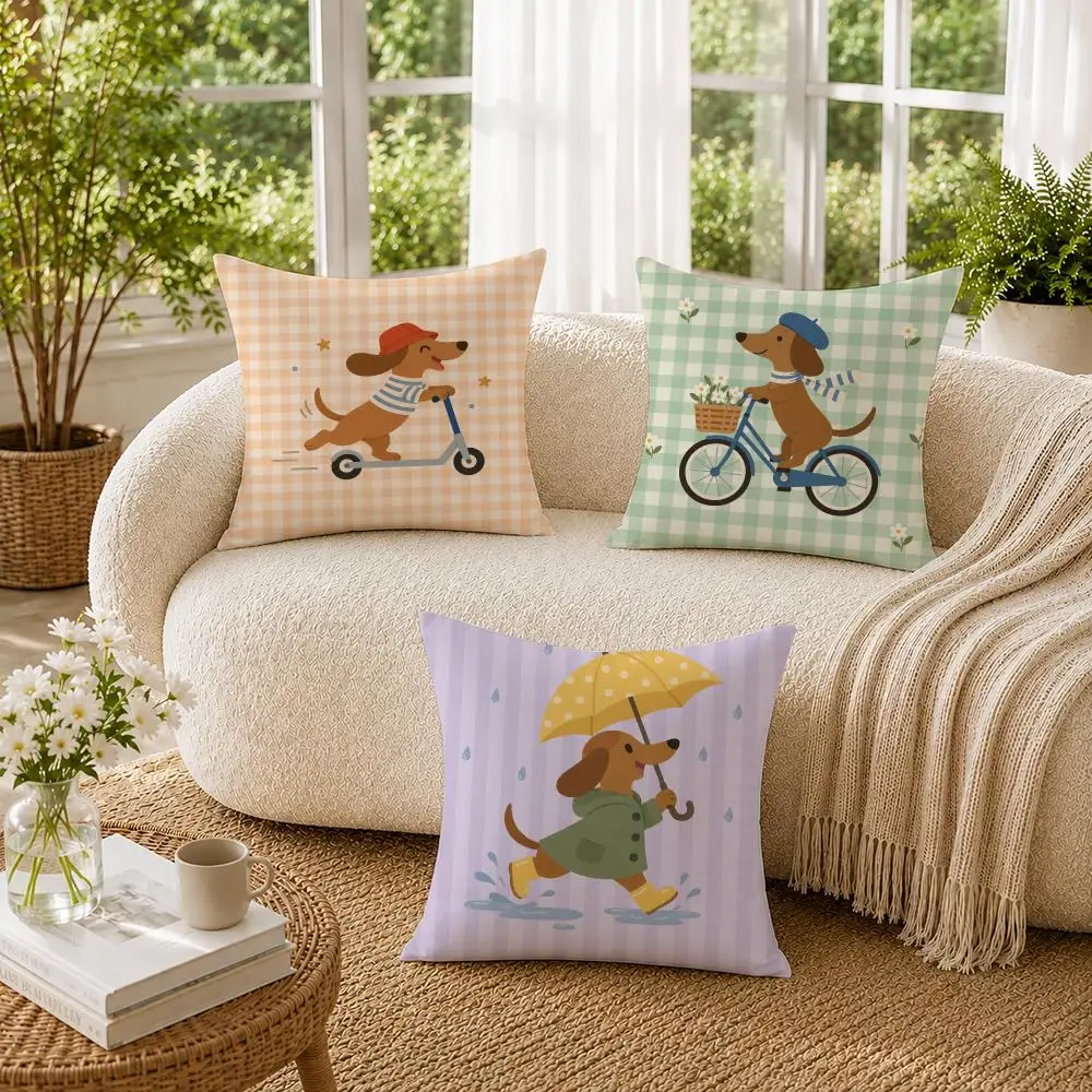 Cute Dachshund Riding Scooter Cushion Cover Soft Short Plush Pillow Cases Hidden Zipper Cutecore Sofa Bedroom Home Decor Gift