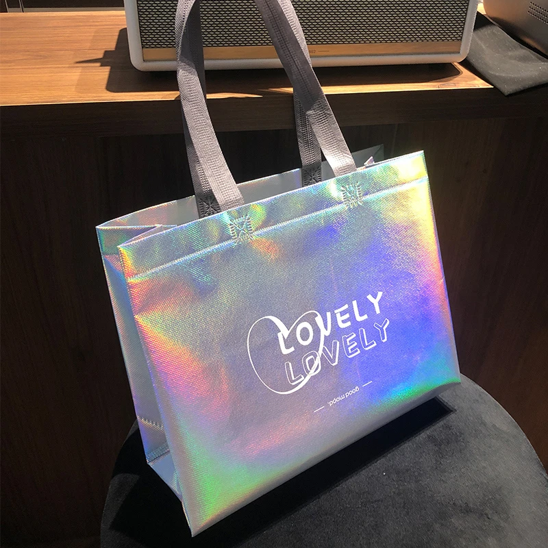 StoBag 20pcs Laser Non-woven Tote Bags Fabric Shopping Shoulder Woman Storage Reusable Large Pouches Custom Logo(Extra Fee)