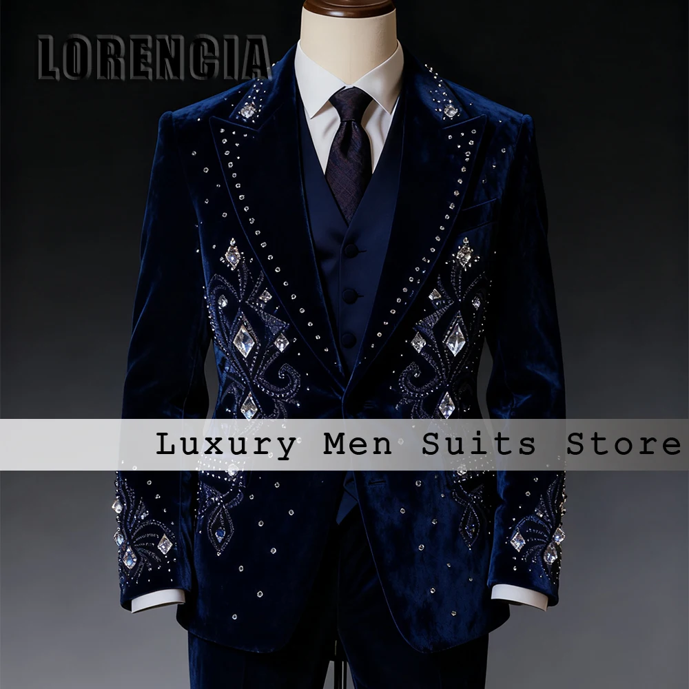 

Elegant Crystal Men Suits 3 Pcs Velvet Tuxedos Set Evening Party Outfits 2025 Customized Blazer Pants Vest traje hombre moderno
