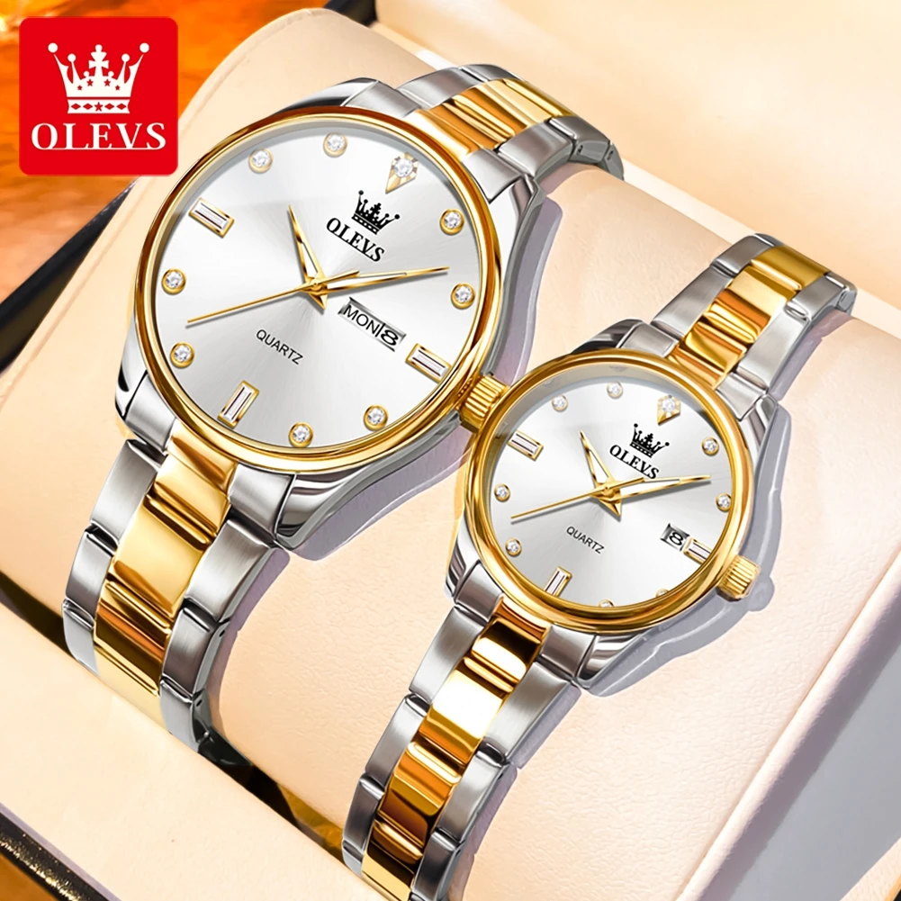 OLEVS 3621 Fashion Romantic Couple Watch Date Waterproof Stainless Steel Luxury Men and Women Watches Original Quartz Wristwatch