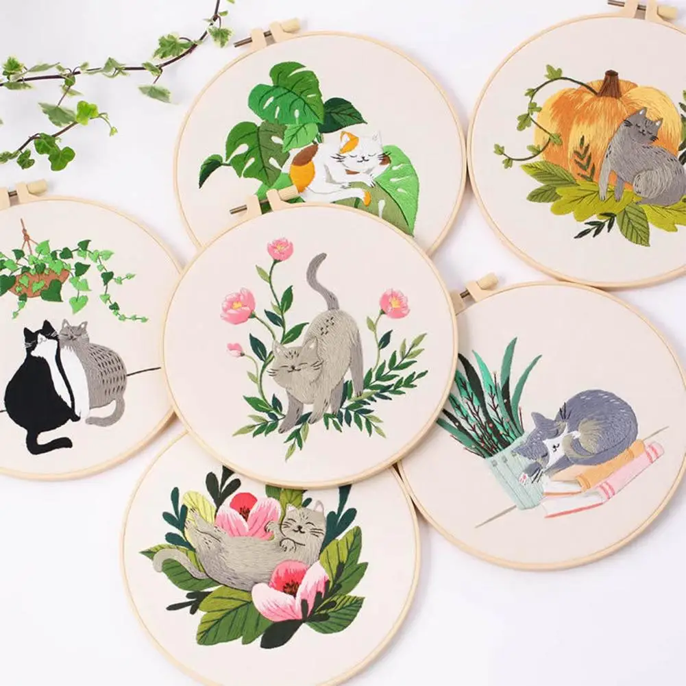 Diy Cat Embroidery Starter Kit With Embroidery Hoops Threads Needles Cross Stitch Kits For Beginners Handmade Sewing Art Craft