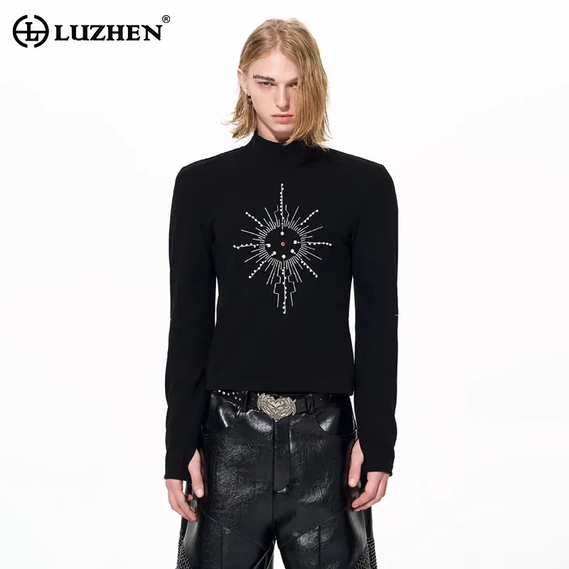 

LUZHEN 2025 New Original Sun Pattern High Quality Long Sleeve Stand Neck T-shirts Men Winter Fashion Handsome Casual Tops JY5446