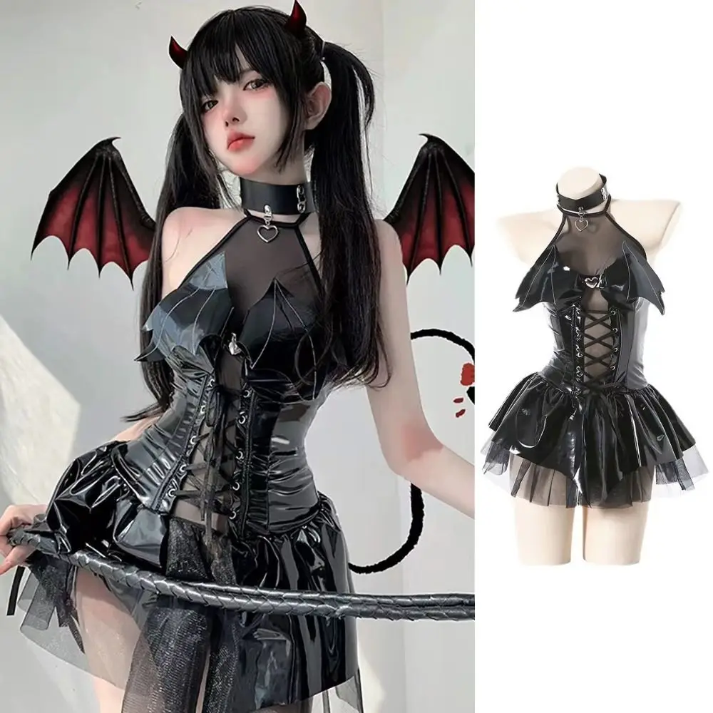 

Punk Gothic Leather Halter Dress Backless Babydoll A Line Skirt Halloween Cosplay Lace Up Nightdress For Women