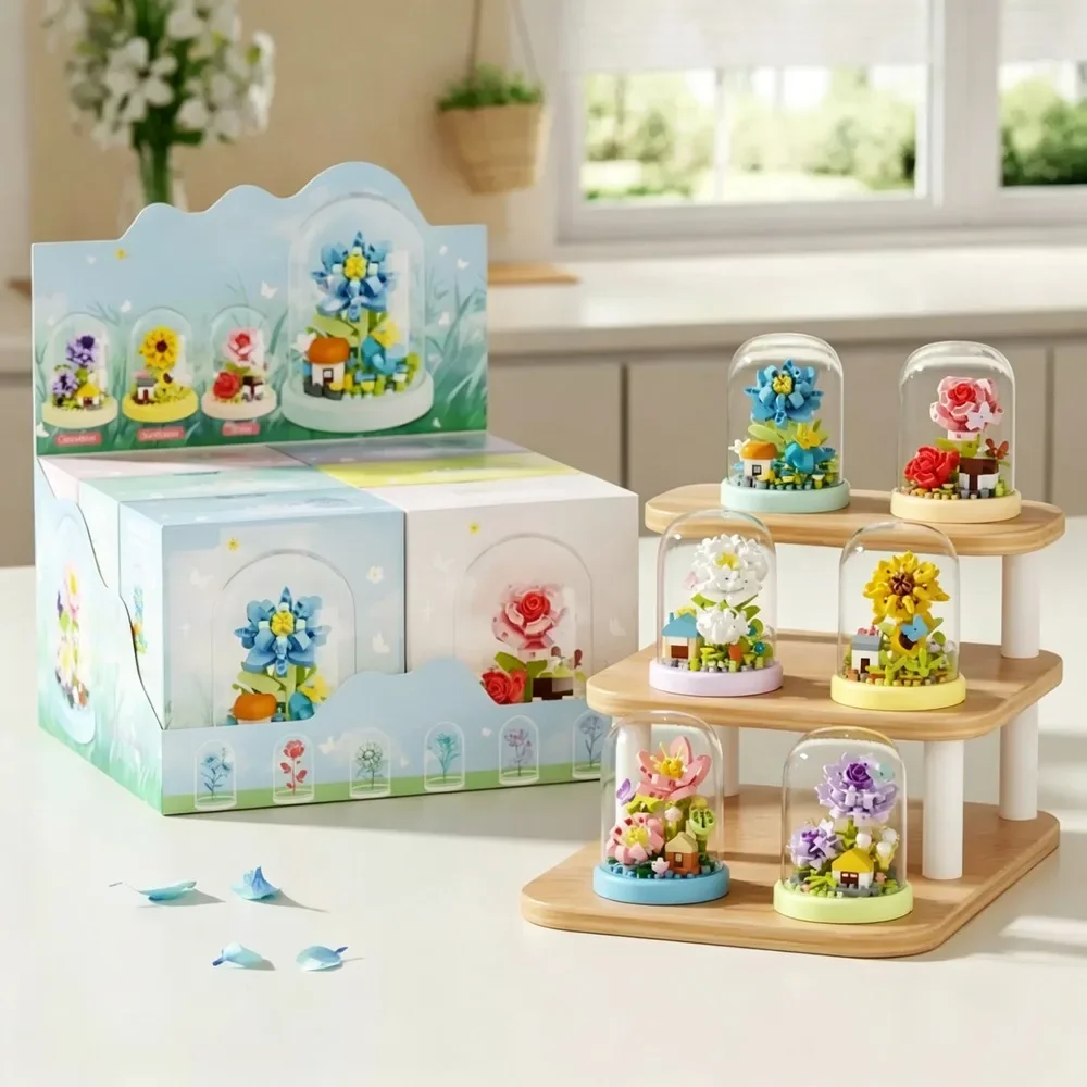New Preserved Floral Bouquet Building Blocks Potted Rose Model Assembly Desktop Tabletop Ornament Home Decor Collectible Gift