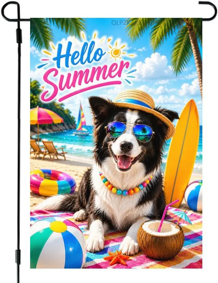 Hello Summer Beach Border Collie Garden Flag Tropical Beach Flag 12x18 Inch Double Sided Yard Small Summer Flag For Outside  PPZ
