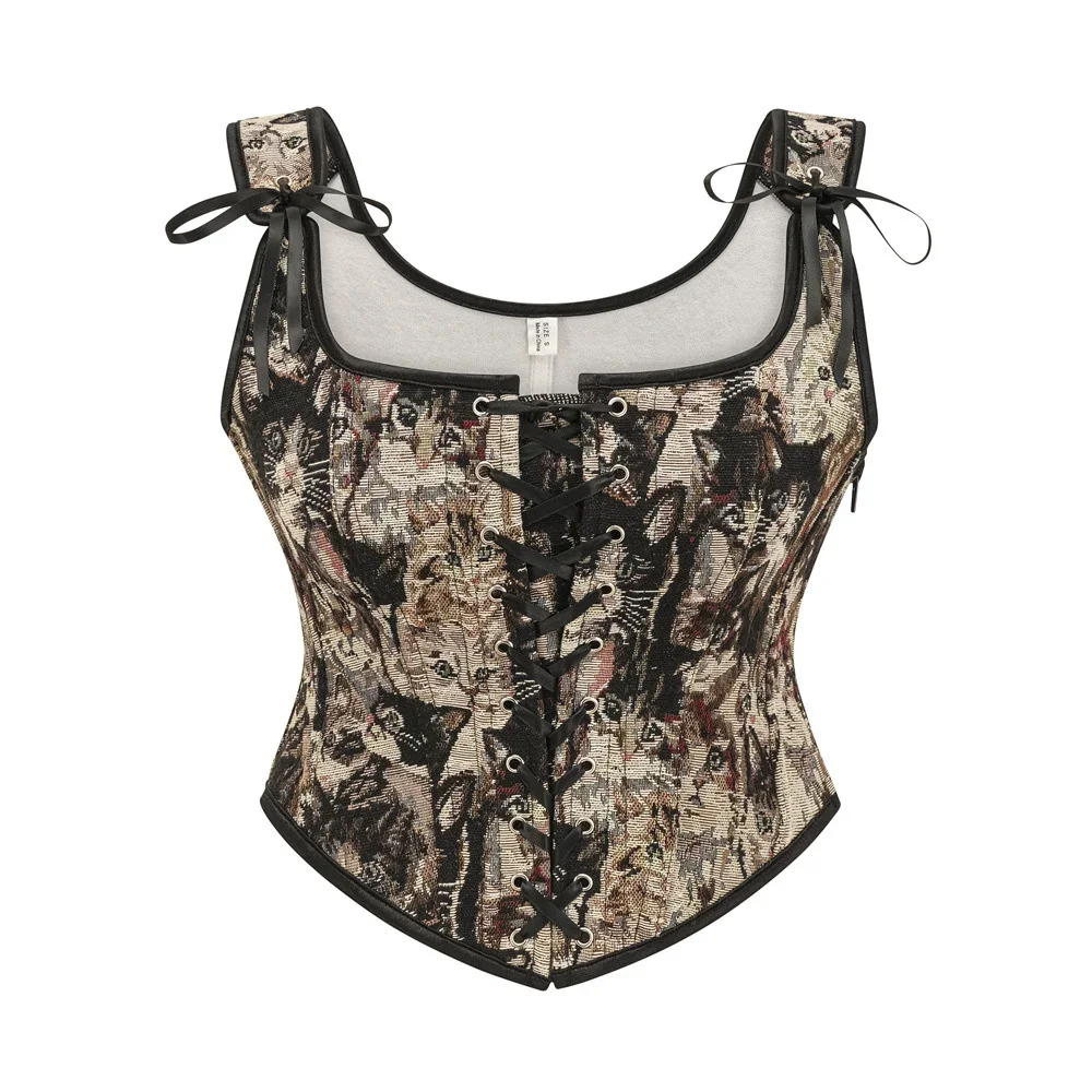 Women Retro Cat Pattern Print Overbust Corset Crop Top French Style Front Lace-up Shoulder Strap Bustier Vest Side Zip Corselet