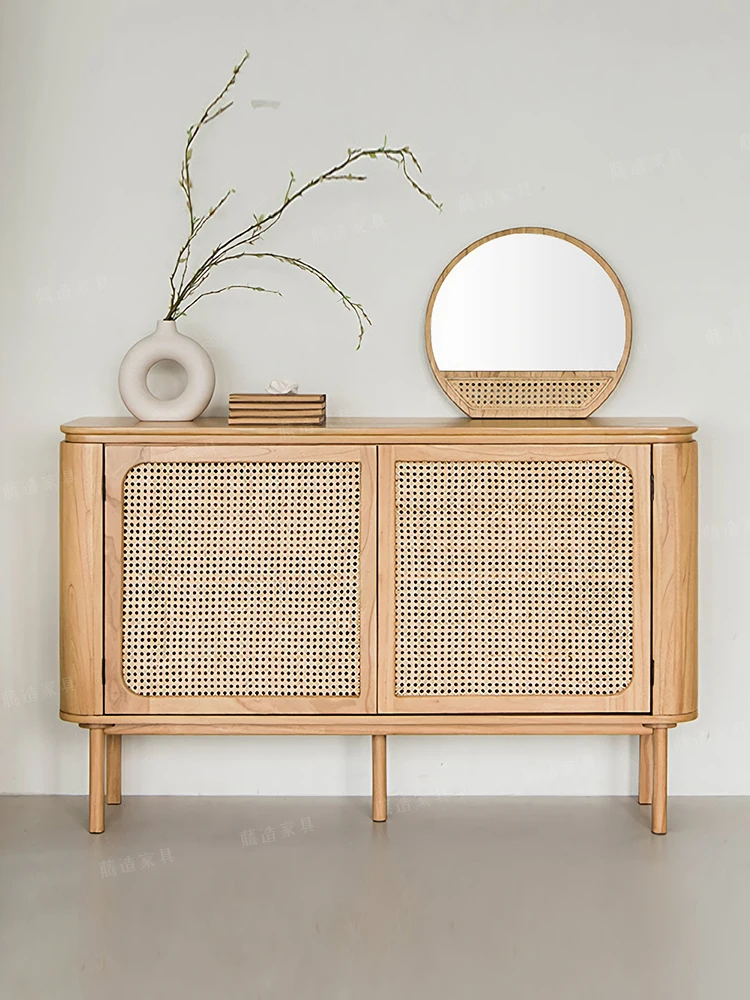 Solid wood dining side cabinet, rattan woven Japanese small unit side cabinet, living room decoration cabinet, wall facing