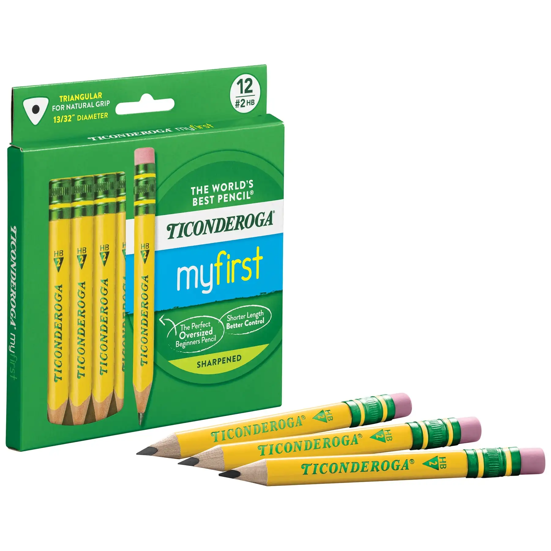 

My First Short Wooden Pencils, Large Triangle Barrel, Sharpened, #2 HB Soft, With Eraser, Yellow, 12 Per Pack, 2 Packs