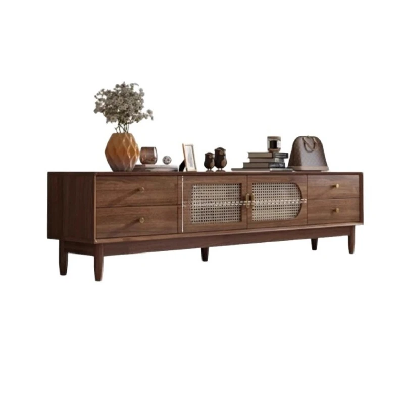 

Solid wood antique TV cabinet, retro rattan coffee table, living room home French floor locker