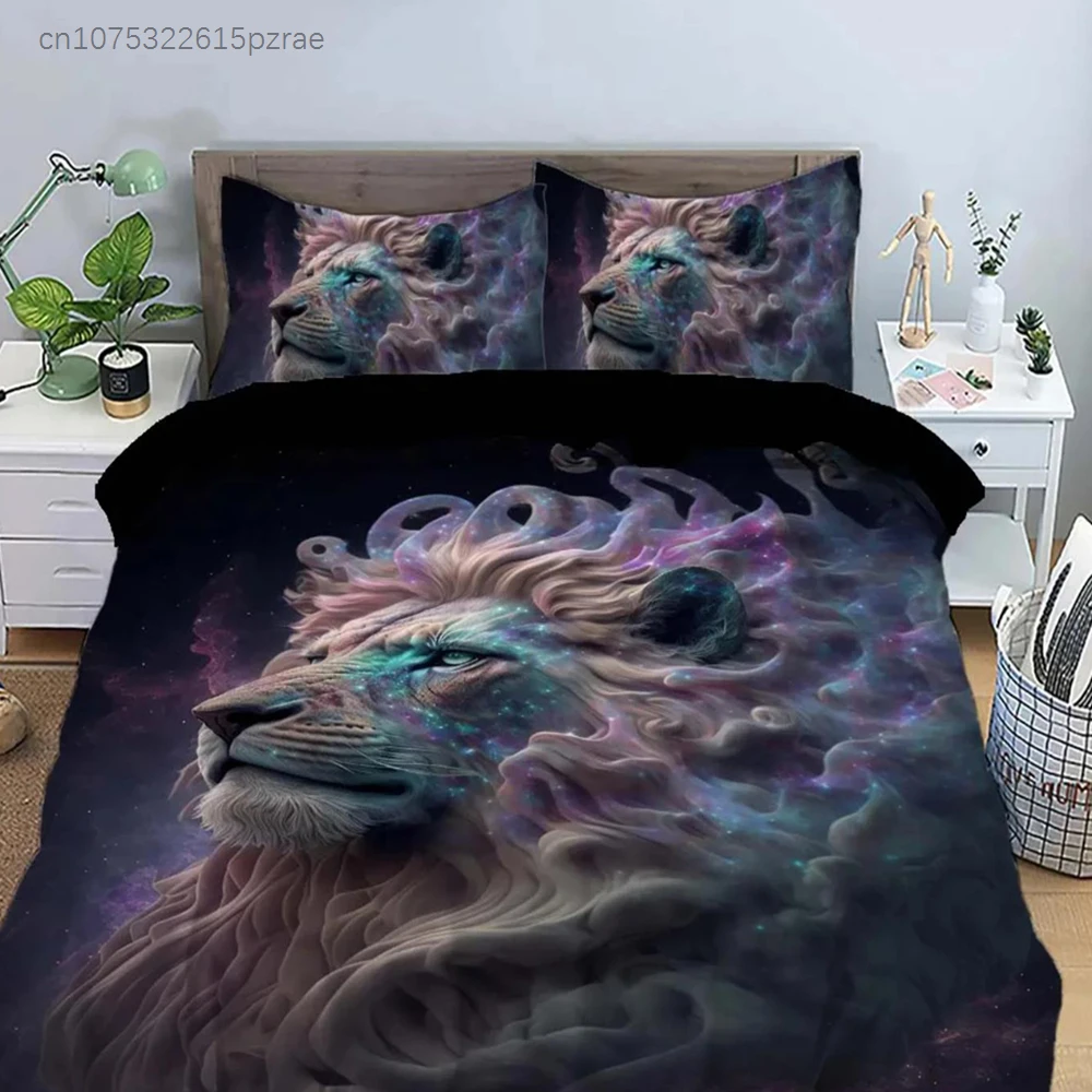 Comfortable And Warm 90gsm Matte Polyester Lion King Animal Print 3-piece Bedding Set - Includes 1 Duvet Cover And 2 Pillowcases