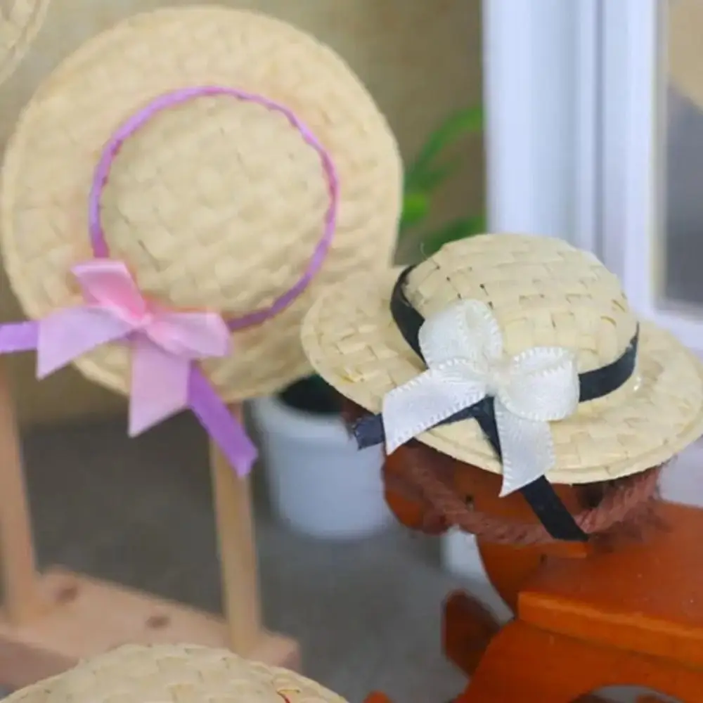 Criativo tamanho em miniatura casa material de palha em miniatura proteção solar chapéu de palha design artesanal diy boné de sol acessórios