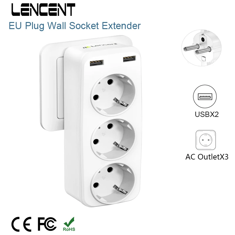 LENCENT ue wtyczka gniazdo ścienne Extender z 3 gniazdami AC + 2USB porty 5V 2.4A zasilacz zabezpieczenie przed przeciążeniem dla domu/biura